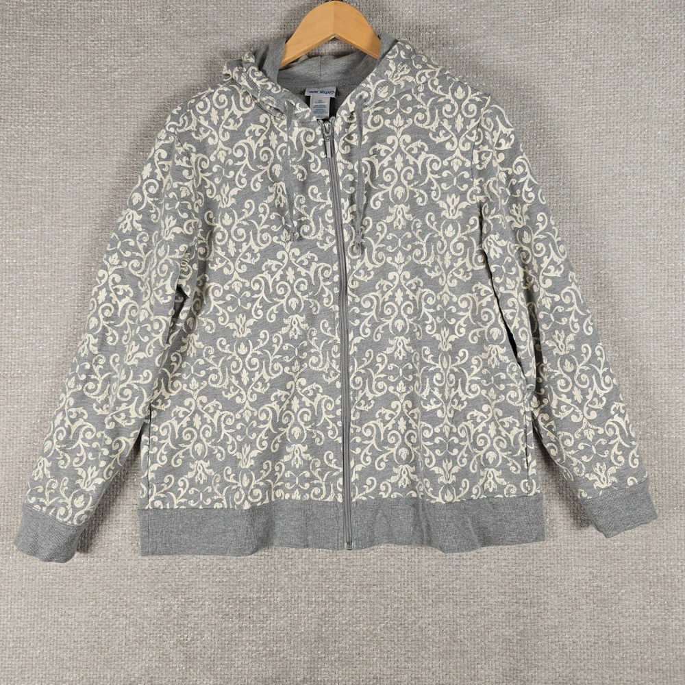 Vicki Wayne Womens Gray Damask Scroll Print Full Zip Hooded Sweatshirt Large
